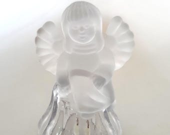 Vintage Frosted Glass Angel Atop Clear Glass Bell - Angel Collectible