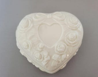 Vintage Porcelain Heart Trinket Box - Ivory Ceramic Porcelain Jewelry Dish with Embossed Roses and Bow - Shabby Chic Keepsake Box