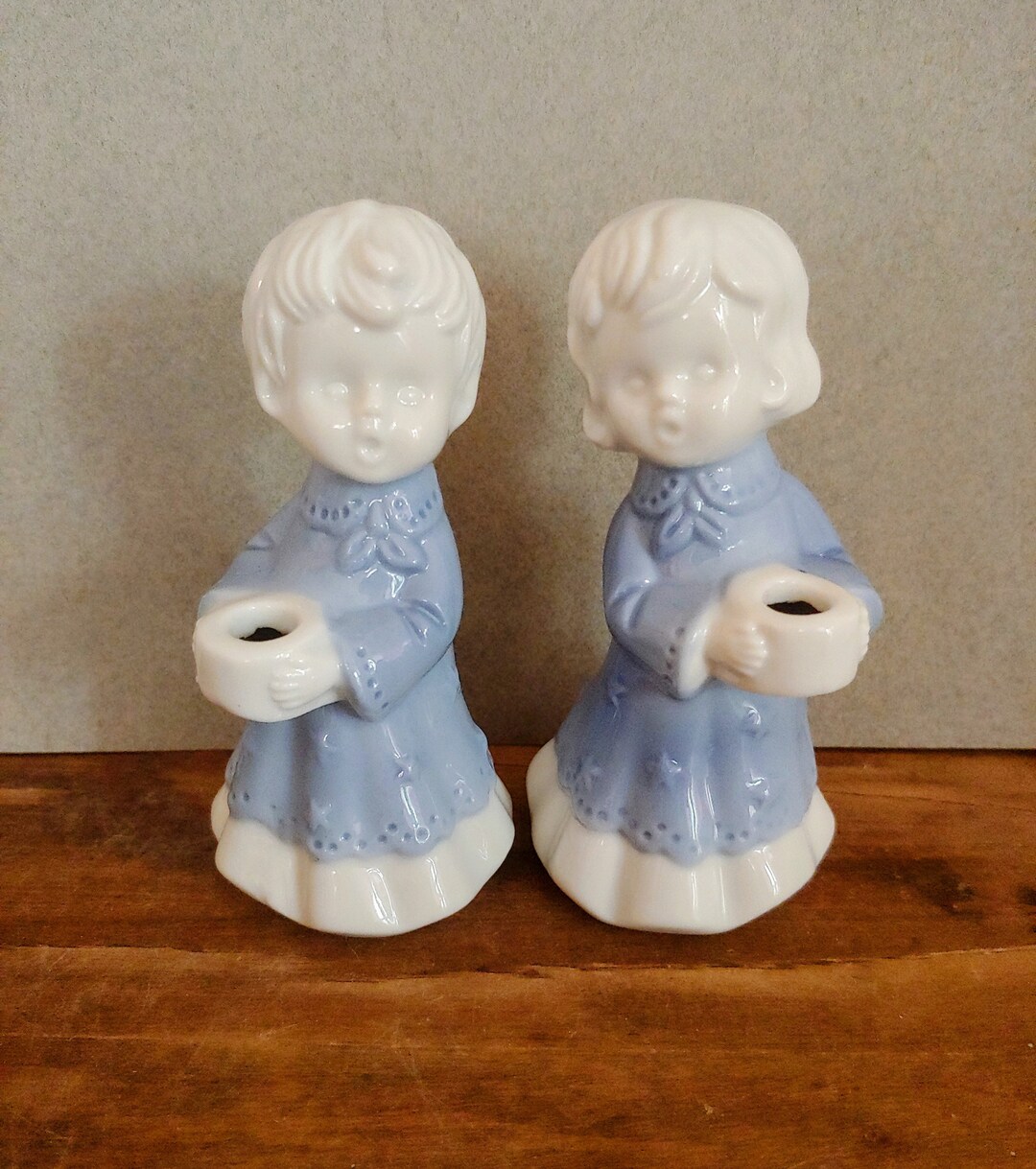 Vintage Porcelain Choir Boy and Girl Candle Holders Blue and White