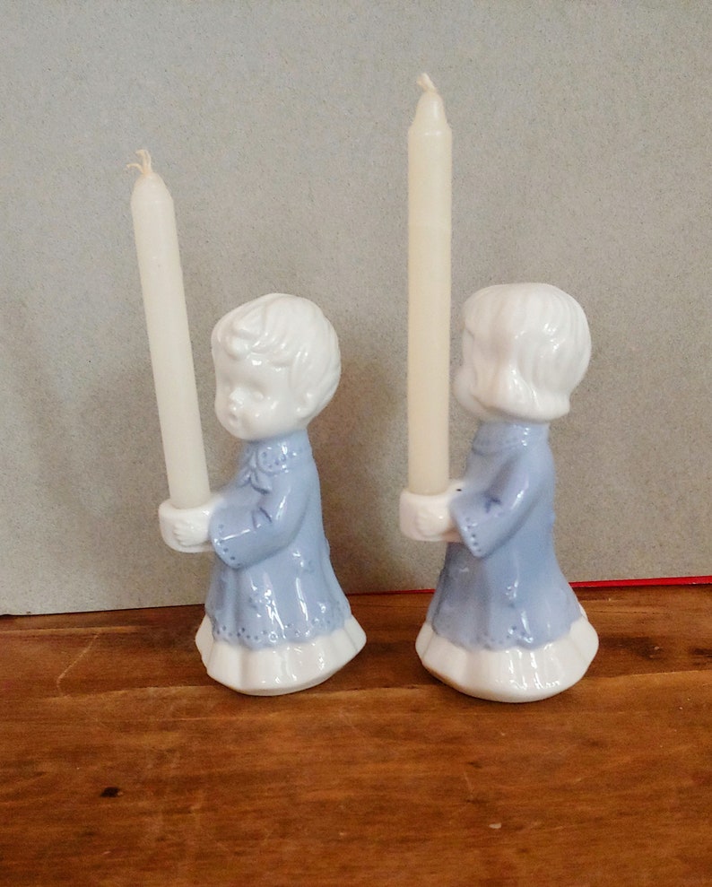 Vintage Porcelain Choir Boy and Girl Candle Holders Blue and White