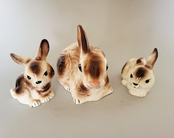 Vintage Ceramic Brown & White Mother Bunny with Two Babies Figurines - Collectible Easter Decor