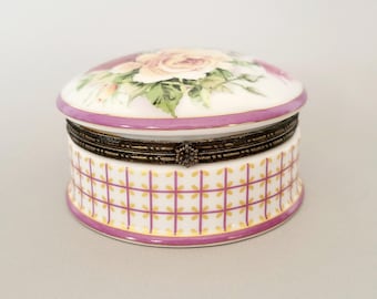Round Porcelain Floral Trinket Box - Hinged Jewelry Box by Imperial Porcelain - Retro Shabby Chic Decor - Floral Home Decor