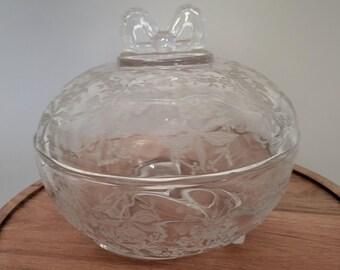 Vintage Heisey Orchid Etched Covered Candy Dish with Finial Bow - Collectible Glass Bowl