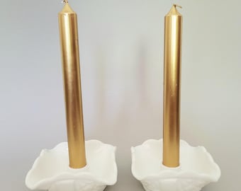 Vintage Pair Milk Glass Taper Candlestick Holders - Westmoreland Old Quilt Style Candle Holders