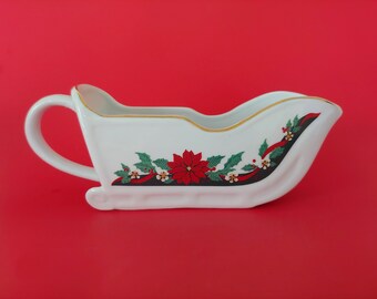 Vintage Christmas Sleigh Gravy Boat - Poinsettia Sleigh Candy Dish