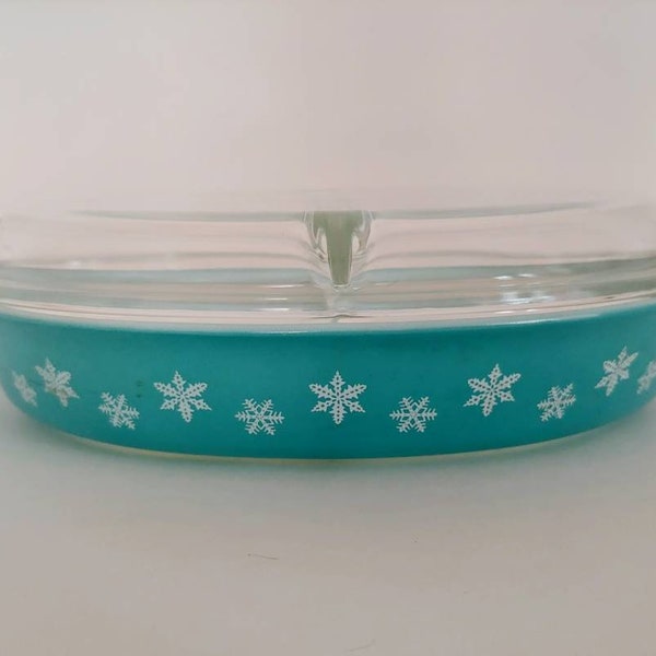 Vintage Pyrex Turquoise Snowflake Casserole Dish - Pyrex Covered Divided Serving Dish