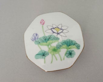 Lotus Garden Ceramic Porcelain Trinket Dish - Octagon Shaped Unhinged Trinket Holder with Lid - Jewelry Box by Otagiri  Japan