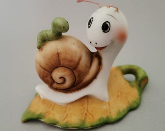 Porcelain Bisque Snail Figurine with Inchworm - Whimsical Garden Home Decor - Retro Nature Decor - Homco Collectible - Fairy Garden Decor