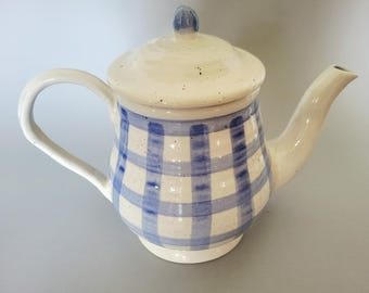 Vintage Country Living Ceramic Teapot - Blue and White Checkered Gingham Teapot - Farmhouse Kitchen Decor