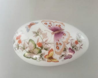 Vintage Avon Porcelain Egg Trinket Box - Butterfly & Floral Design with 22K Gold Trim - Retro Candy Dish