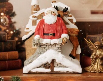 Vintage 1988 "Welcome Father Christmas Home Rudolph!" Bookend by Janet King - Hand-Painted John Hine Studio - Retro Christmas Decor