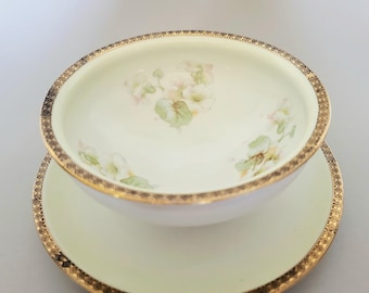 Vintage Three Crowns China Germany Soup Bowl with Attached Underplate - Floral Tableware - Retro Kitchen Decor
