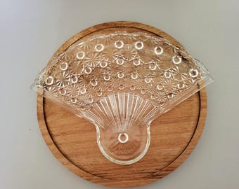 Vintage Fan Shaped Glass Dish - Daisy and Button Sunburst Pattern - Clear Glass Trinket Tray or Candy Dish