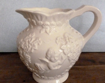 Vintage Lefton Ceramic Miniature  Pitcher - Off White Pitcher with Cherubs and Grapes Design