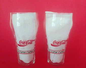 Set of Two Coca Cola Santa Glass Set - Christmas Glassware = Coca Cola Bell Shaped Christmas Drinkware - Retro Christmas Kitchenware