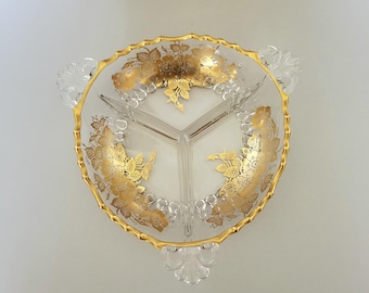 Vintage Gold Overlay Clear Glass Divided Dish - 3 Section Relish Tray with Gold Floral Pattern and Scalloped Gold Rim