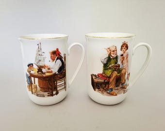Vintage Pair of Norman Rockwell Mugs - The Cobbler and For a Good Boy Collectible Porcelain Cups