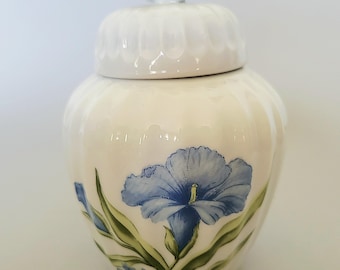 Vintage Ceramic Porcelain Miniature Ginger Jar with Blue Floral Motif and Butterfly Finial - Ribbed White Trinket Pot with Lid