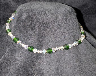 Vintage Aurora Borealis and Green Glass Beaded Choker | Mid-Century 16" Necklace | Iridescent Sparkle & Retro Glam Elegance