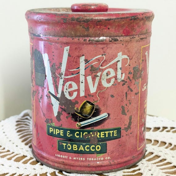 Velvet Pipe & Cigarette Tobacco Tin | Vintage Red Tobacco Canister With Pipe  Illustration | Liggett and Myers Smoking Collectible
