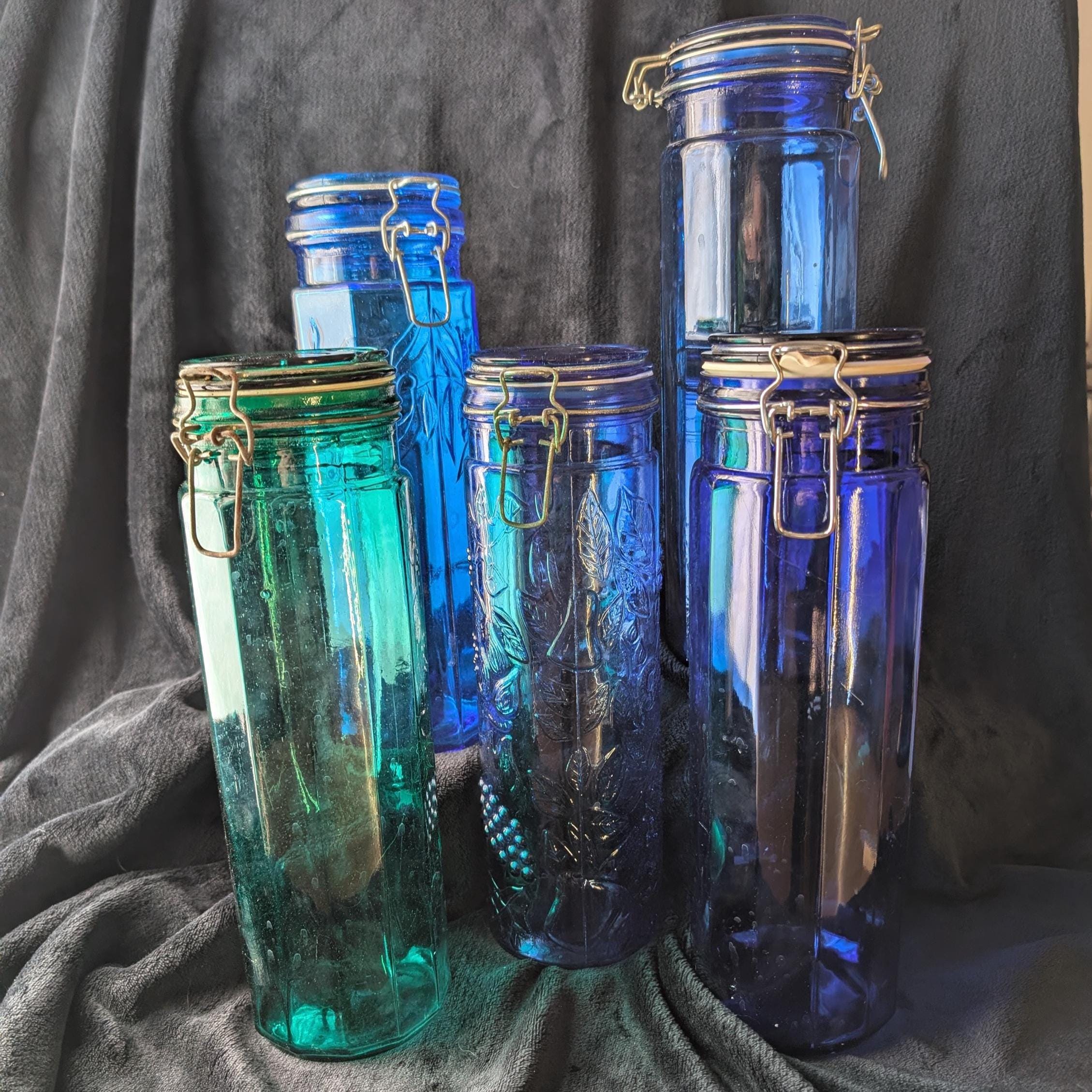 Vintage Glass Canisters | Choice of 12.5" Cobalt Blue or Teal Green | Italy Made Grape Vine & Fruit Designs or 12-Sided