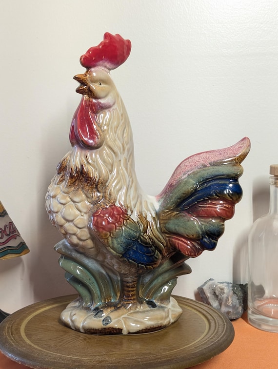 Vintage Large Colorful Ceramic Rooster | Farmhouse Decor | Majestic Barnyard Figurine | Rustic Kitchen Accent
