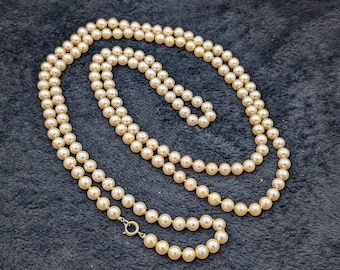 Vintage Faux Pearl Necklace | 60 Inch Hand-Knotted Strand | Long Layering Necklace | 1920s Flapper Style Jewelry | Cream Beaded Necklace