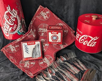 Vintage Coca-Cola Kitchen Decor | Gibson Coke Flatware  | Ice Bucket | Cookie Jar | Cheese Spreaders | Handmade Placemats | Kitchen Timer