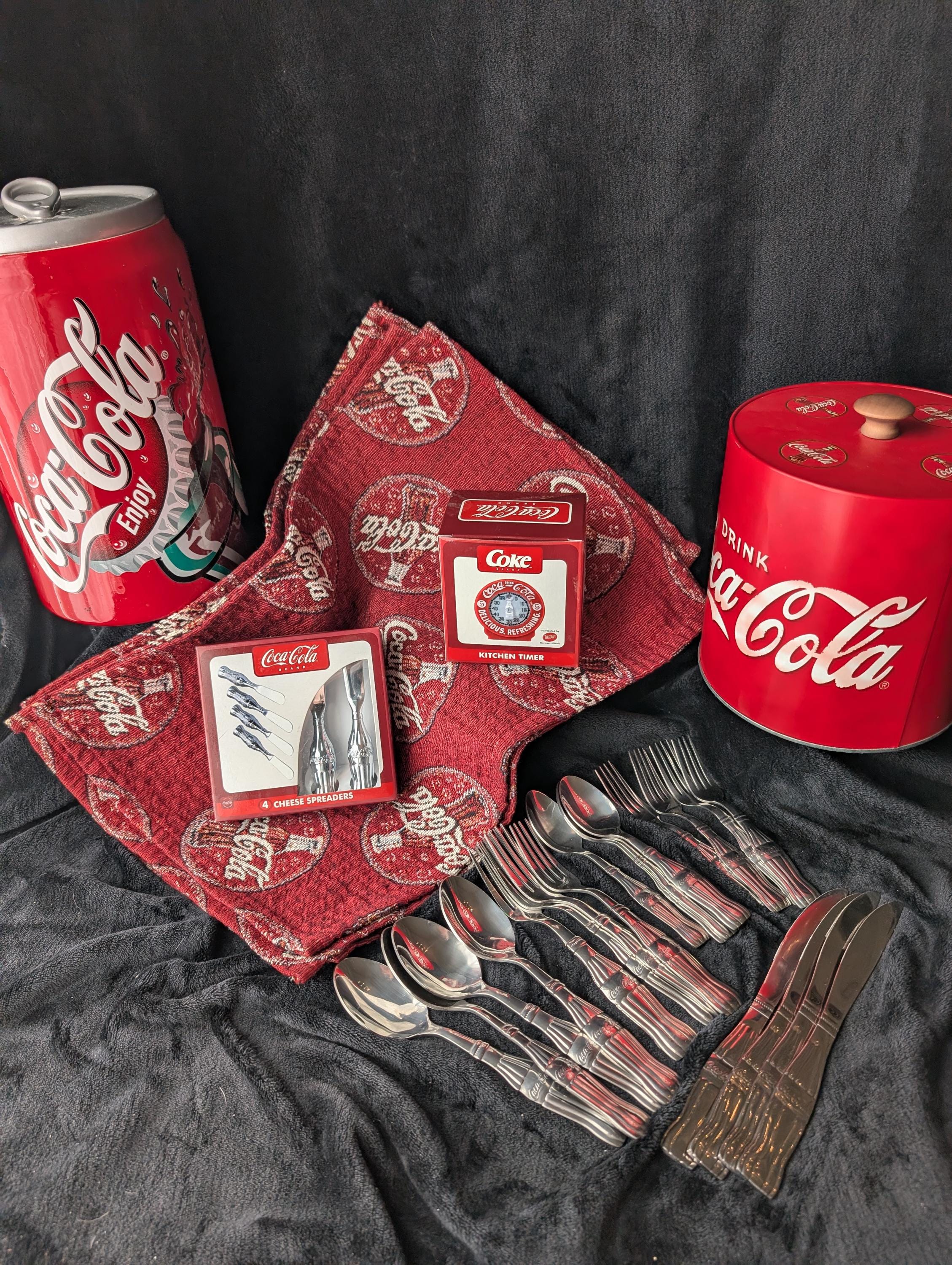 Vintage Coca-Cola Kitchen Decor | Gibson Coke Flatware  | Ice Bucket | Cookie Jar | Cheese Spreaders | Handmade Placemats | Kitchen Timer