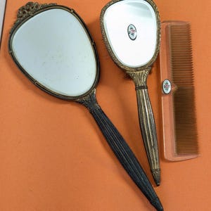 Vintage Vanity Set | Gold Tone Mirror Brush & Comb | Floral Enamel Accents | Ornate Mid Century Dressing Table Decor