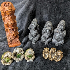 See No Evil, Hear No Evil, Speak No Evil Sets / Choice of Ceramic Turtles, Metal Monkeys, or Hand-Carved Wooden Monkeys or Gorillas