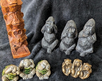 See No Evil, Hear No Evil, Speak No Evil Sets / Choice of Ceramic Turtles, Metal Monkeys, or Hand-Carved Wooden Monkeys or Gorillas