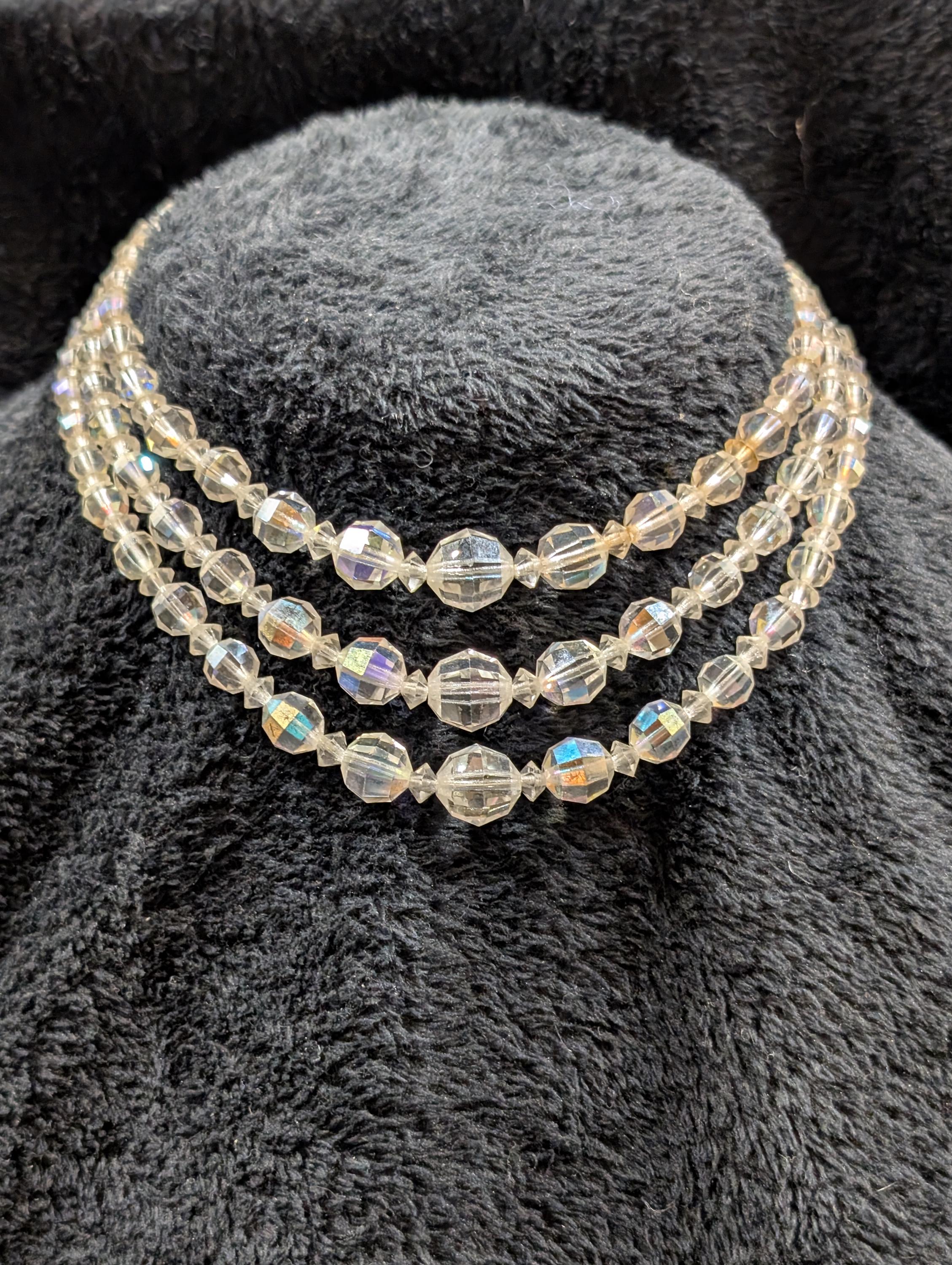 Vintage 3 Strand Clear AB Crystal Bead Necklace Wedding Formal 17 Inch Vintage 3-strand Crystal Necklaces | Clear Graduated AB  main image 2