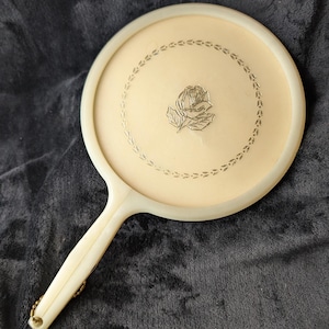 Vintage Vanity Hand Mirror | Gold Rose Inlay | Elegant Celluloid-Look Dressing Table Mirror | Vintage Plastic Hand Mirror