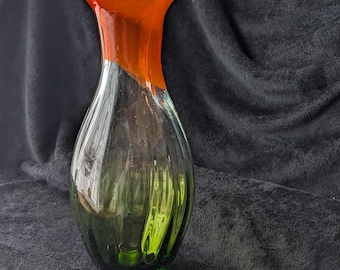 15-Inch Blenko Style Glass Vase | Vibrant Orange and Green Swirl | Mid-Century Art Glass Decor | Stunning Conversation Piece | Retro Decor