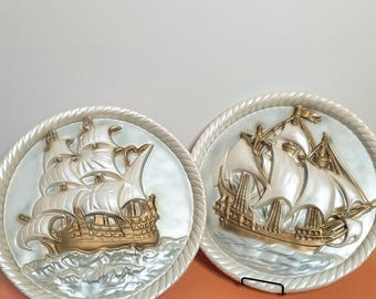 RARE: 1940s Nautical Chalkware Wall Art Set | Vintage Tall Ship Relief Plaques | Sailboat Coastal Decor | 14" Round Pearlescent Pair