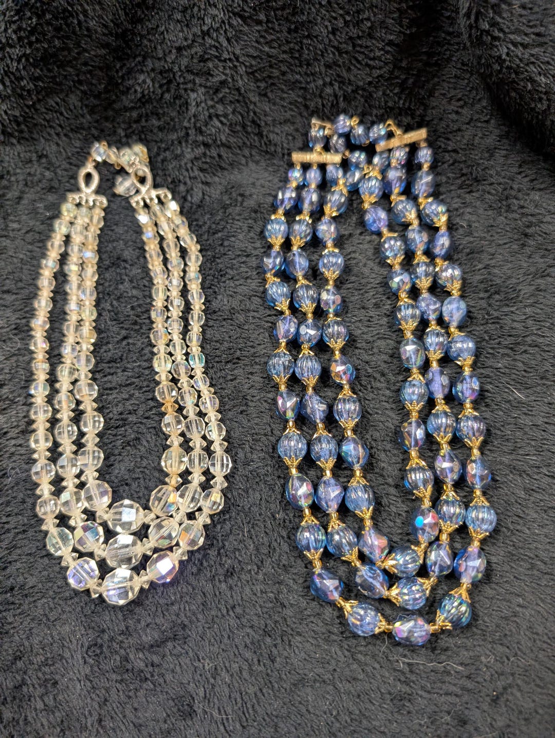 Vintage 3 Strand Clear AB Crystal Bead Necklace Wedding Formal 17 Inch Vintage 3-strand Crystal Necklaces | Clear Graduated AB  main image 3