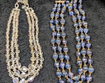 Vintage 3-Strand Crystal Necklaces | Clear Graduated AB Beads or Blue Iridescent Beads | Mid-Century Sparkle & Formal Elegance