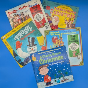 Vintage Christmas Book and Record Set of 5 | Charlie Brown, Frosty, Jingle Bells, Disney, Peter Pan Records | 45/33 RPM Read-Along Vinyl