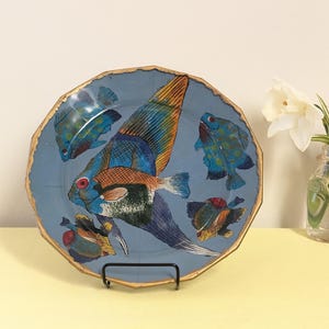 Handmade Reverse Painted Tropical Fish Plate | One of a Kind Decoupage Art Glass | Ocean Coastal Decor Wow Piece | Beach House Decor