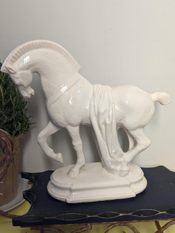 Vintage White Ceramic Classical Greek or Roman Style Decorative Horse Statue