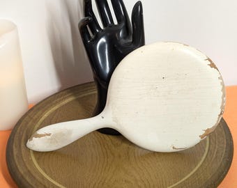 Vintage Wooden Vanity Mirror by Florence | Rustic Distressed White Finish | Shabby Chic Hand Mirror | Antique Style Dressing Table Decor