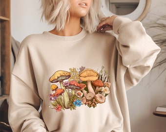 Mushroom Sweatshirt,  Botanical Mushroom Sweatshirt Bohemian Sweatshirt, Boho Floral Tee, Celestial Sweatshirt, Nature Lover,