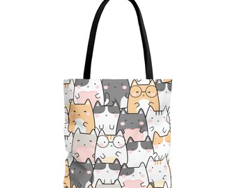 Anime Cat Tote Bag, Anime Tote Bag, Cotton Canvas Tote Bag, Cute Cat Animals Tote Bag, 3 sizes Shopping Bag, Kawaii Anime Tote Bag