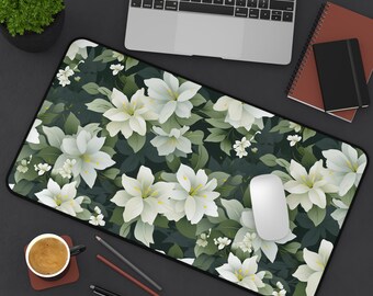 Green Desk Mat, Green Desk Pad, Desk Accessory, Flower Pattern Green Desk Mat, Gaming Mouse Pad, Green Mouse Mat, Extra Large Green Desk Mat