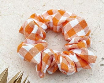 Orange and White Gingham Plaid Preppy Scrunchie, Modern Boho Hair Accessories, Handmade Hair Tie For Women, Bun Ponytail Holder