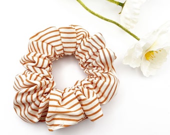 Handmade copper striped scrunchie for women and teen girls, hair tie with tan stripes, boho bun ponytail holder, wedding favors accessories