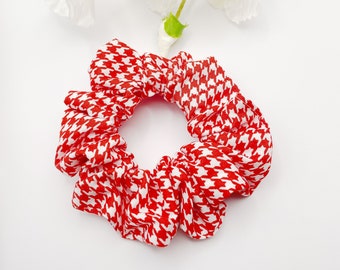 Handmade red houndstooth scrunchie for women and teen girls, hair tie with red plaid, preppy bun ponytail holder, wedding favors accessories