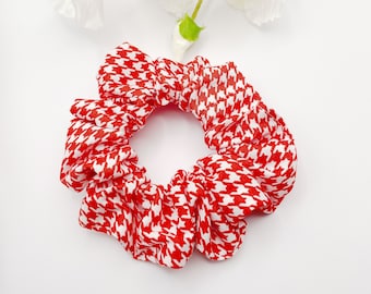 Handmade red houndstooth scrunchie for women and teen girls, hair tie with red plaid, preppy bun ponytail holder, wedding favors accessories