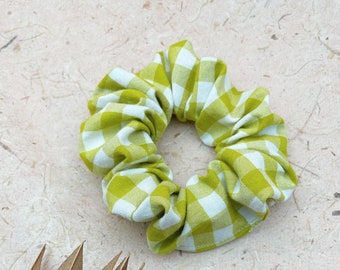 Green and White Gingham Plaid Preppy Scrunchie, Modern Boho Hair Accessories, Handmade Hair Tie For Women, Bun Ponytail Holder